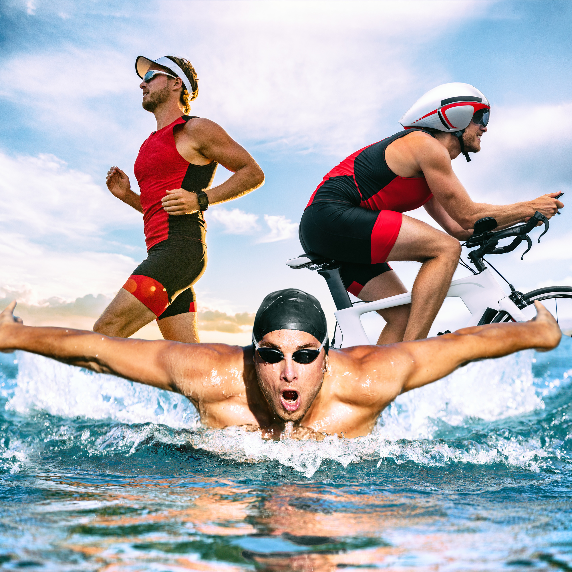 triathlete running, biking, and swimming